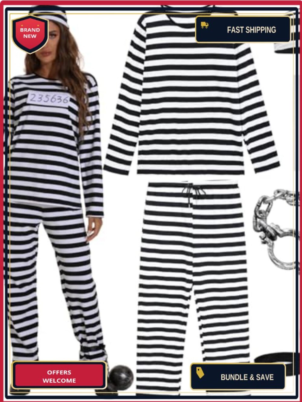 Prisoner Halloween Costume Women Jail Inmate 6-Piece Outfit Set
